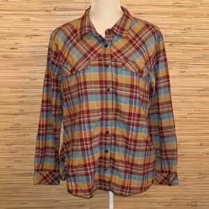 L.L. Bean Plaid Shirt large blue maroon mustard organic cotton flannel EUC L pet